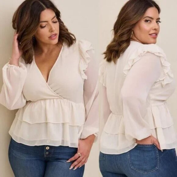 torrid Tops - 3/$25 422 Torrid Ruffle Top L Surplice V Neck Long Sleeve Blouse Cream Tiered 0